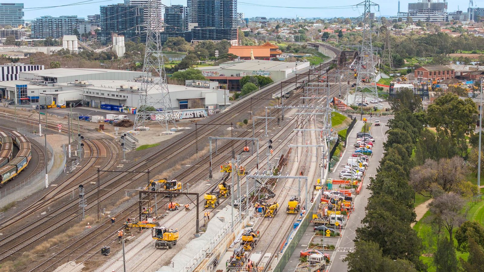 Aerial view of Sunbury Electrification Project rail corridor works with tracks, machinery and crews