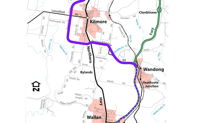 Route map of VicRoads Wallan-Kilmore Bypass showing the proposed alignment around Kilmore and Wallan